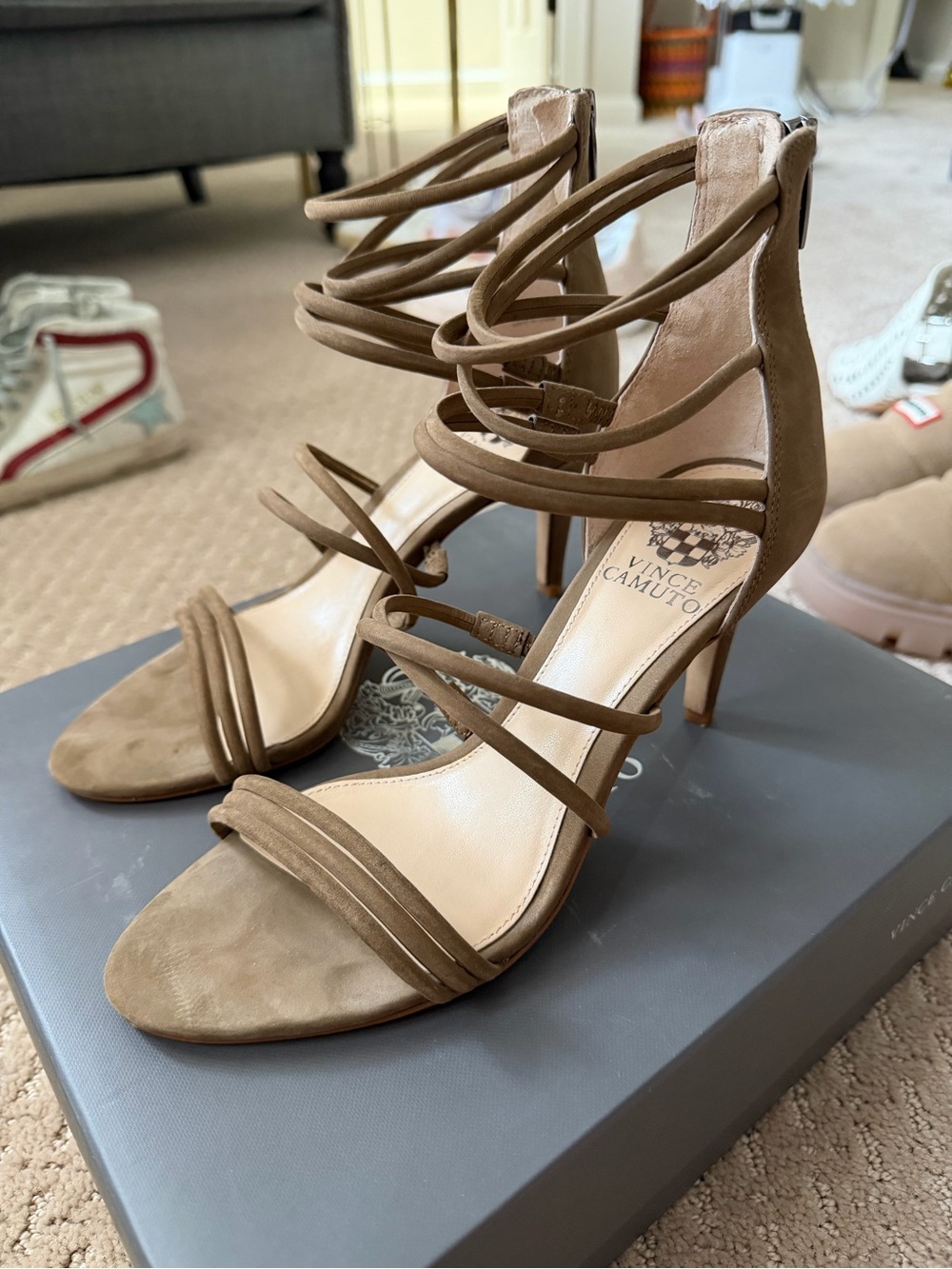 Vince Camuto Taupe Multi-Strap Stiletto Sandals